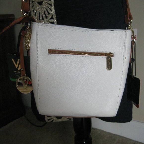 Valentina peeble white leather X-body bag w/ brown leather trim NWT Spring wear - Picture 4 of 15